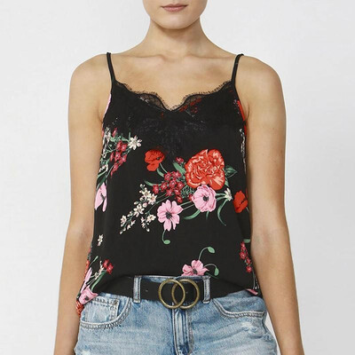 

Fashion Women Sleeveless Top Floral Print Lace V Neck Spaghetti Shoulder Straps Vest Casual Tops
