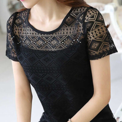 

Womens Fashion Short Sleeve Lace Hollow Out Blouses T Shirts Loose Summer Casual O-Neck Top