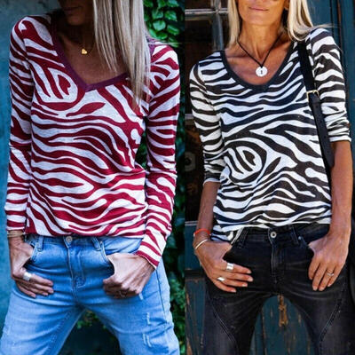

Women Long Sleeve T-shirt Casual Loose Zebra Striped Tops Jumper T Shirts Loose Autumn Baggy Basic Tee T-shirt