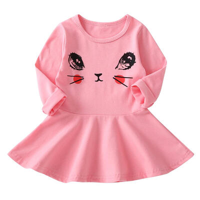 

Cartoon Cat Doodle Princess Dress Kids Girls Long Sleeve Fashion Clothes