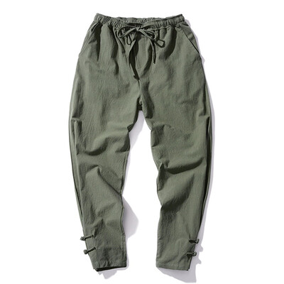 

Gobestart Fashion Men Solid Color Striped Cotton Linen Long Pants Casual Trousers