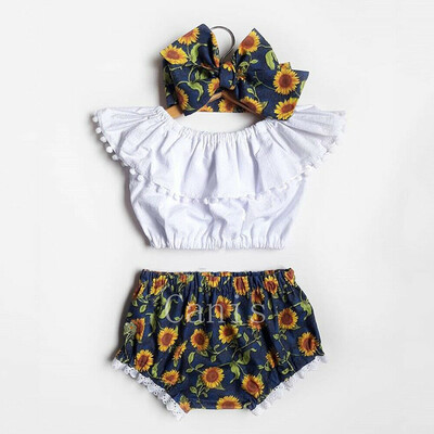 

Summer Toddler Baby Girl Clothes Ruffle Tops Sunflower Shorts Outfits Sunsuit