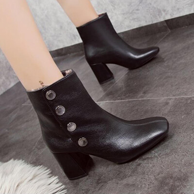 

Rose Women Warm Fretwork Heels Winter Retro Buckles Short Plush Inside Shoes Boots