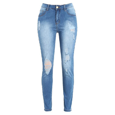 

Women Ripped Jeans Denim Destroyed Frayed Hole Washed Zipper Skinny Pants Pencil Trousers Tights Blue