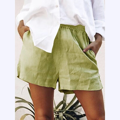 

Tailored Women Fashion Solid Color Cotton Flax Elastic Short Pants Beach Shorts