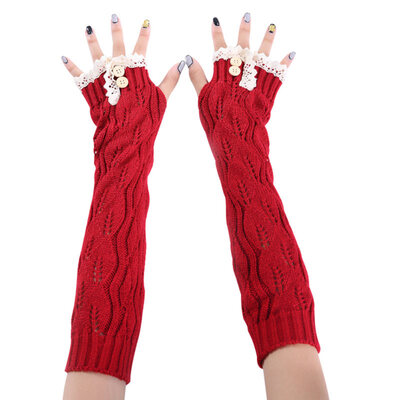 

Women Solid Color Lace Buttons Fingerless Long Gloves Arm Warmer Knitted Mittens