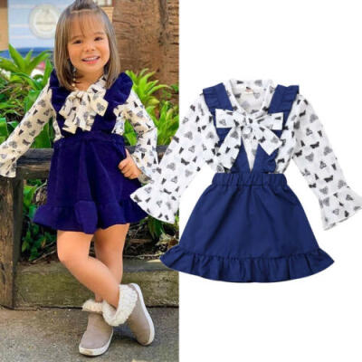 

US Toddler Kids Baby Girl Tops T-Shirt Suspender Skirt Dress 2Pcs Outfit Clothes