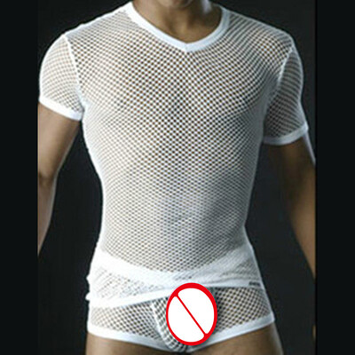 

Mens Hollow Out Mesh Tops Slim Fit Transparent Shirts V Neck Clubwear T-shirts