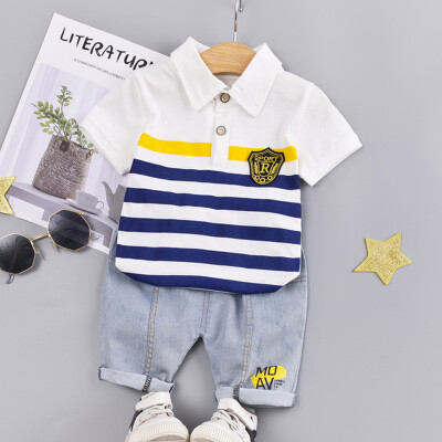 

Summer Children Baby Boys Casual Short Sleeve Striped Print T-shirt TopsDenim Shorts Costume Set