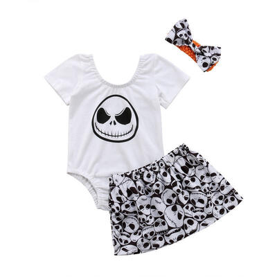 

3PCS Toddler Baby Girl Clothes Halloween Skull TopsPantsHeadband Clothes