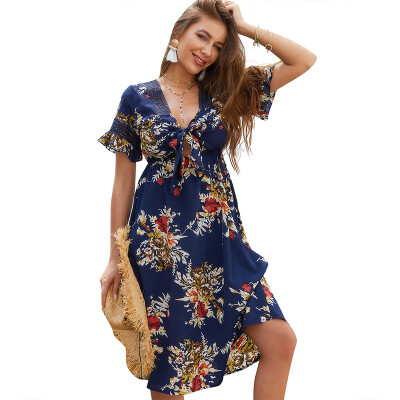 

Women Summer Sweet Flower Printed V Collar Short Sleeve Long Dress All-match Dress