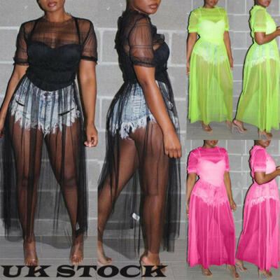 

UK Sexy Women Mesh Sheer Lace Dress Ladies Short Sleeve Cover Up Beach Sundress