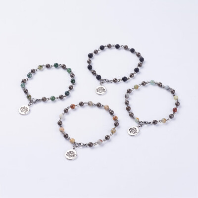 

Natural Gemstone Anklets with 304 Stainless Steel Lobster Claw Clasps&Tibetan Style Pendanes Lotus 8-78"225mm