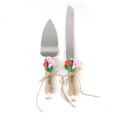 

Stainless Steel Wedding Cake Knife & Server Set Burlap Twine Handle with Artificial Flower Cake Cutlery for Wedding Anniversary Bi