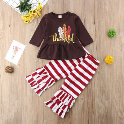 

2Pcs Kids Baby Girl Thanksgiving Dress Tops Stripe Pants Leggings Outfit Clothes