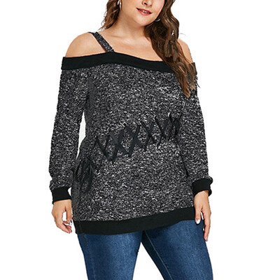 

Starmoon Women Plus Size Strappy Patchwork Off-Shoulder Long Sleeve Blouse Shirt Top