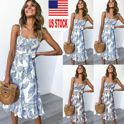 

Women Boho Floral Sleeveless Summer Party Evening Beach Long Midi Dress Sundress