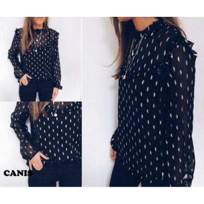 

Women Black Chiffon Long Sleeve Blouse Summer Casual Dot T Shirt Pullover Tops