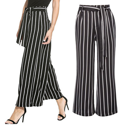 

Tailored Womens Stripe Flowy Wide Leg High Waist Zipper Belted Long Pants