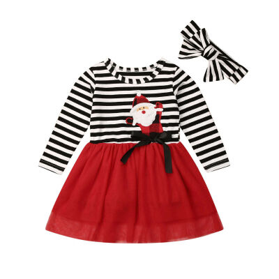 

2PCS Kids Girls Pumpkin Strip Long Sleeve Top DressHeadband Party Tutu Dress