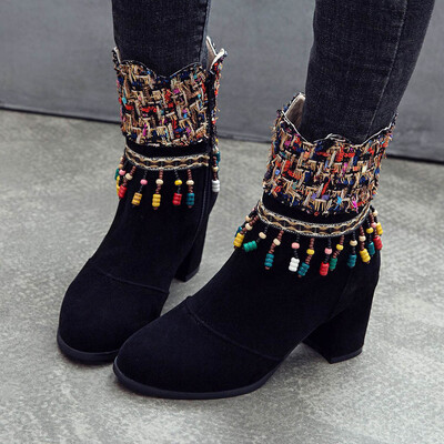 

Rose New Chunky Ankle Boots Zipper Boots National Sstyle High-Heeled Women Boots