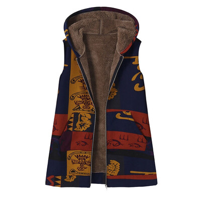 

Toponeto Plus Size Women Hooded Sleeveless Cotton Linen Fluffy Fur Zipper Ves Coat