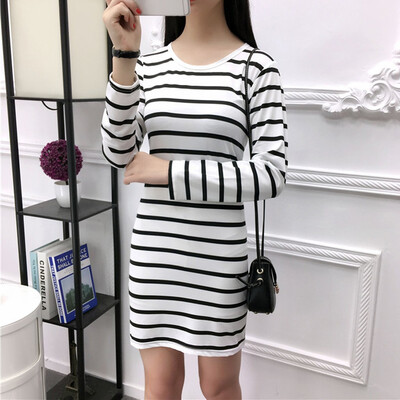 

Tailored Women Autumn Fashion Korean Stripe Knee Length Long Sleeve Leisure Dresses