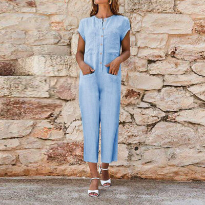 

Starmoon Women V-Neckline Solid Romper Short Sleeve Casual Pockets Button Jumpsuits