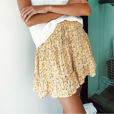 

Roseonmyhand Women Summer Casual Bohe High Waist Ruffled Floral Print Beach Short Skirt