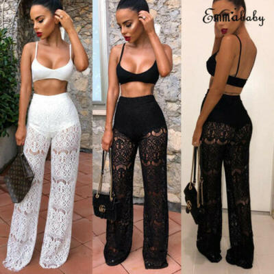 

Women 2 Piece Outfits Sleeveless Deep V Crop Top Pants Set Casual Jumpsuit