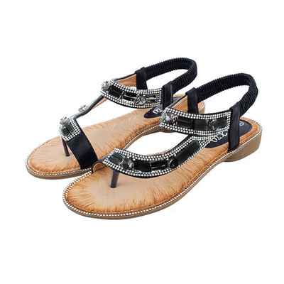 

Rose Womens Ladies Bohemian Toepost Crystal Elastic Band Beach Sandals Roman Shoes