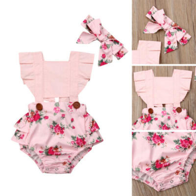 

UK 2pcs Cute Newborn Baby Girl Fashion Romper Casual Headband Floral Outfits New