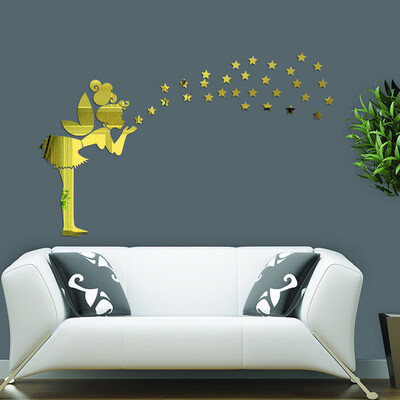 

〖Follure〗Angel Magic Fairy Stars 3D Mirror Wall Sticker Kid Bedroom Decoration Gift Gold