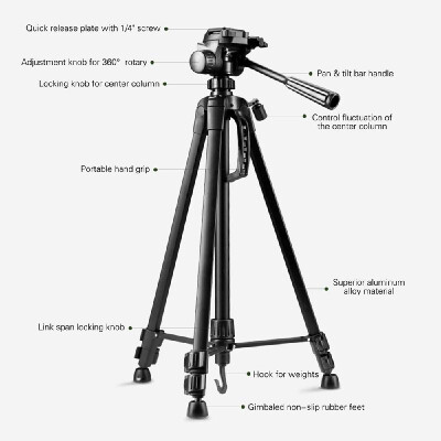 

Portable Aluminum Alloy Tripod with 3-Way Damping Tripod Head for Canon Nikon Sony DSLR ILDC DV Cameras Max Height 140cm Max Load