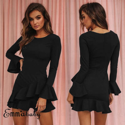 

Women Black Long Sleeve Ruffle Bodycon Beach Evening Clubwear Dress