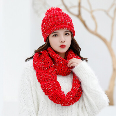 

Winter Knitted Wool Hat Lady wool ball thicker set head hat neck set warm ear protector two sets