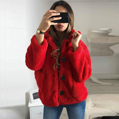 

Fashion Women Winter Solid Color Fluffy Coat Turn-Down Collar Long Sleeve Button Pocket Thick Warm Casual Jacket Outerwear