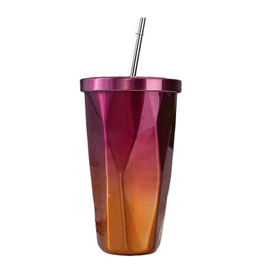 

Fashion Travel Summer Stainless Steel Straw Cold Double Wall Fit Water Drinking Cup Gradient Color Coffee Cup with Lid