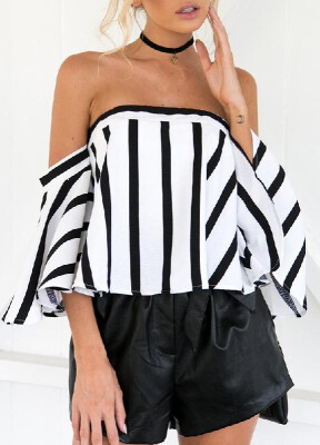 

Off-the-shoulder Boat Neck Flared Sleeve Striped Top