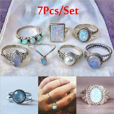 

Set of 7 Pieces Women\ Fashion Colored Gem Pearl Ring Suit