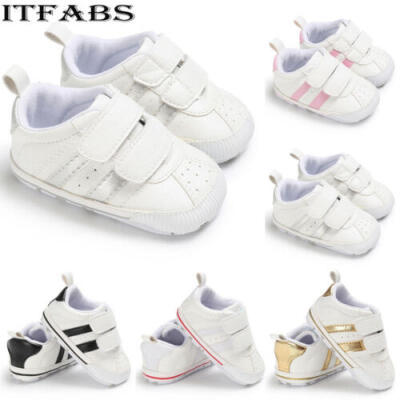 

UK Fasion Newborn Baby Boy Girl Soft Sole White Pram Shoes Trainers Size 0-18M