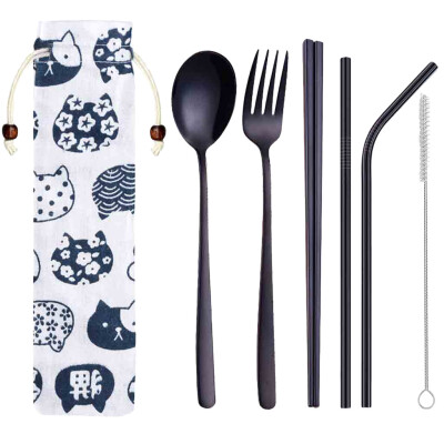 

Toponeto Stainless Steel Dinnerware Set Metal Straw Spoon Fork Chopsticks Tableware 6 Pcs