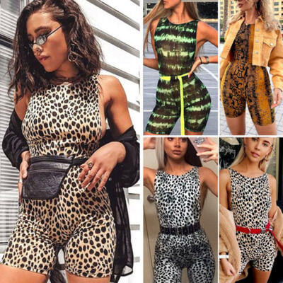 

Women Leopard Print Short Romper Jumpsuit Leotard Sleeveless Bodysuit Playsuit