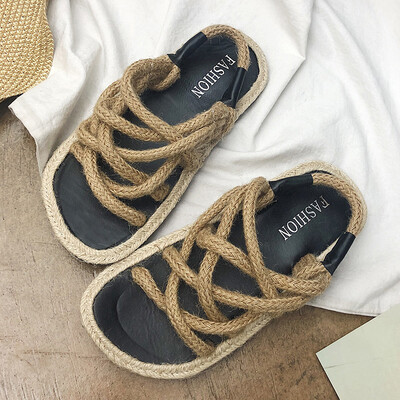 

With flat ins sandals women Joker straw sandals hemp rope sandals cross strap womens shoes in summer