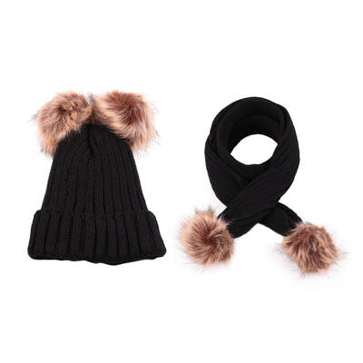 

2pcsset Cute Kids Boys Girls Stripe Print Pompom Knitted Fleece Cap Scarf