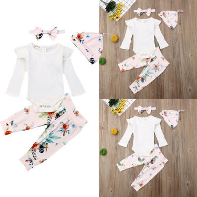

Toddler Newborn Baby Girls Floral Romper Long PantsHat Headband Outfits Clothes