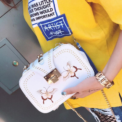 

New Women PU Crossbody Bag Rivet Butterfly Embroidery Multi-Pockets Vintage Chain Shoulder Bags WhiteBlack