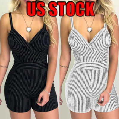 

Women Sleeveless Stripe Print Bandage Long Jumpsuit Summer Romper Party Playsuit