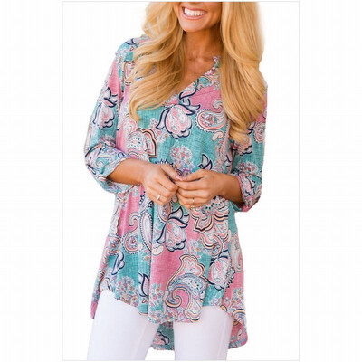 

V-neck long sleeve front short long bohemian printed shirt top
