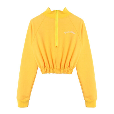 

Women Autumn Pullovers Printed Long Sleeve Elastic Waist Sweatshirts Women Casual Sexy Zipper Crop Tops Yellow Sweatshirt Female
